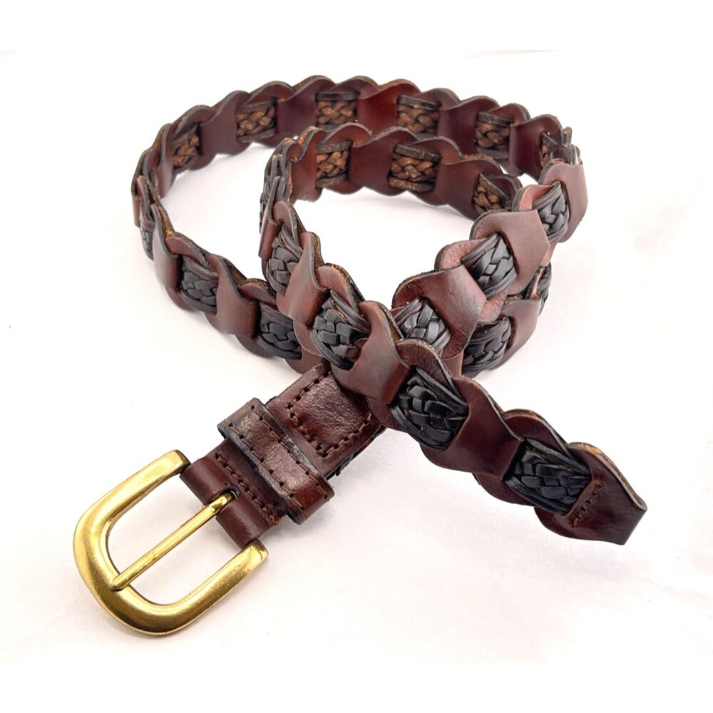 Vtg Brown Braided Leather Belt Brass Buckle Womens M Woven Festival Western Boho